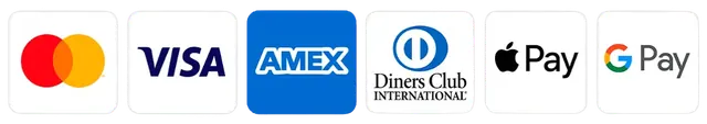 Payment logos for Mastercard, Visa, American Express, Diners Club, Apple Pay and Google Pay