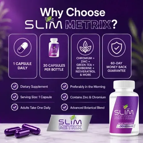 Brand graphic titled Why Choose Slim Metrix, with tiles for 1 capsule daily, 30 capsules per bottle, chromium plus zinc plus green tea plus berberine plus resveratrol and more, and a 60-day money back guarantee, above a bottle and purple capsules