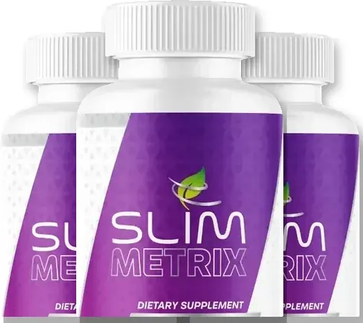 Three white Slim Metrix bottles with violet labels, the logo with a green leaf, and the words Dietary Supplement